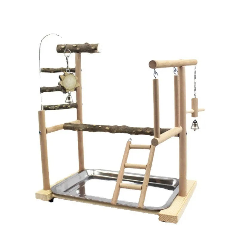 Pepper wood parrot stand with multi-level poles and an integrated bird toy.