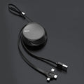 Black telescopic 3-in-1 fast charging cable extended to 1m with Micro USB, USB-C, and Lightning connectors