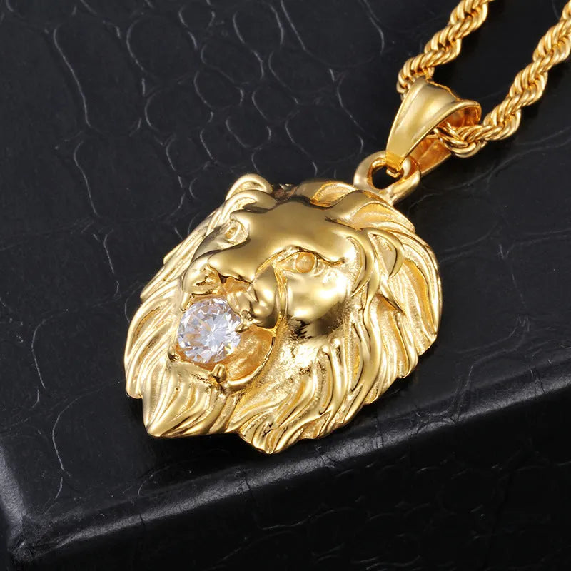 Gold alloy lion's head pendant necklace for men on display