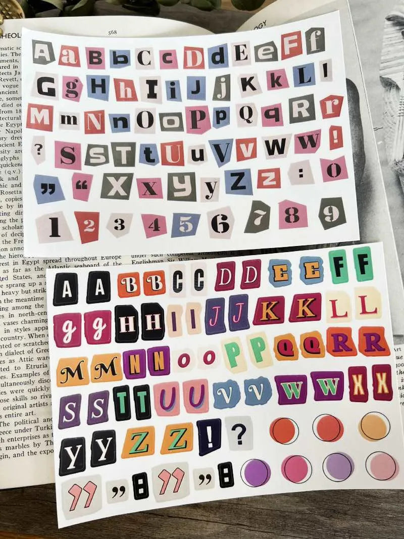 Set of decorative stickers showing English letters, numbers, and weekly words in a cute printed style.