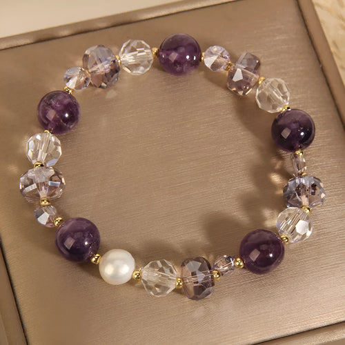 Purple artificial amethyst pearl bracelet with U-shaped design and electroplated metal elements