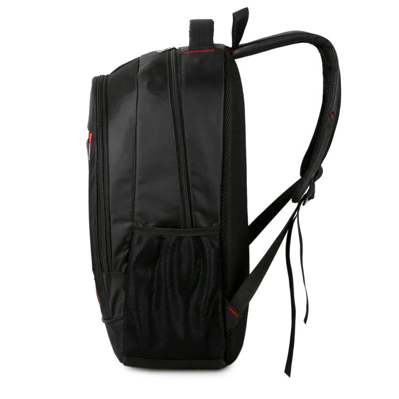 Black Oxford cloth laptop backpack 15 inch with computer slot, camera slot, ID bag and dimensions 31cm x 47cm x 16cm