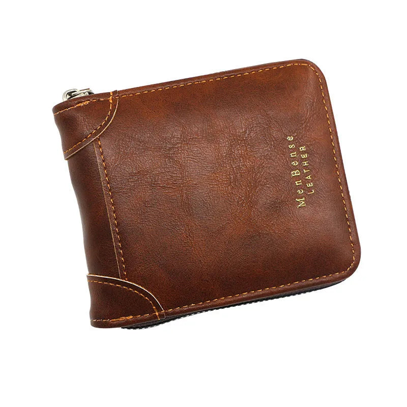 Men's short PU leather wallet with zipper coin purse, synthetic leather lining, available in black, dark brown or light brown