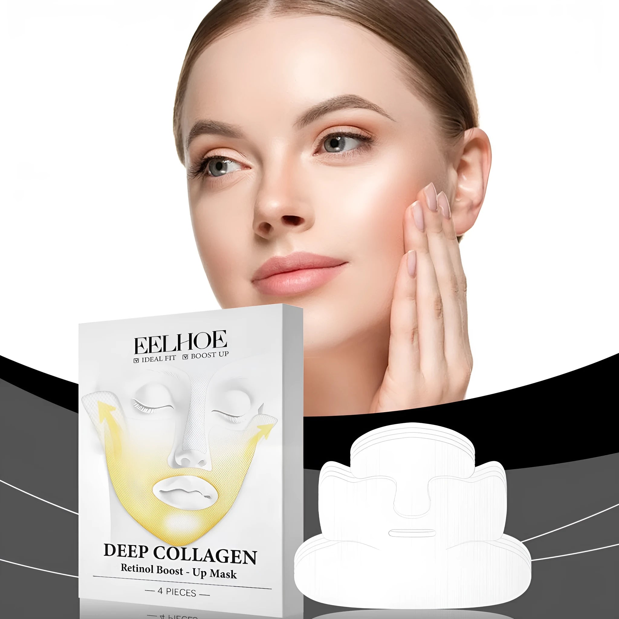Four collagen tightening facial masks showing 23.5 x 16.8 cm dimensions