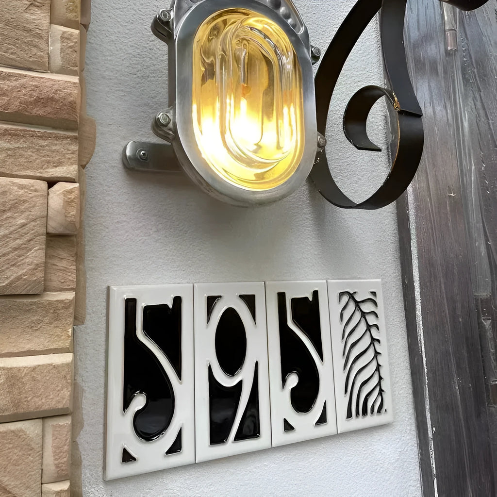 Handmade retro-style ceramic doorplate with white enamel number on blue background, dimensions 76mm by 152mm.