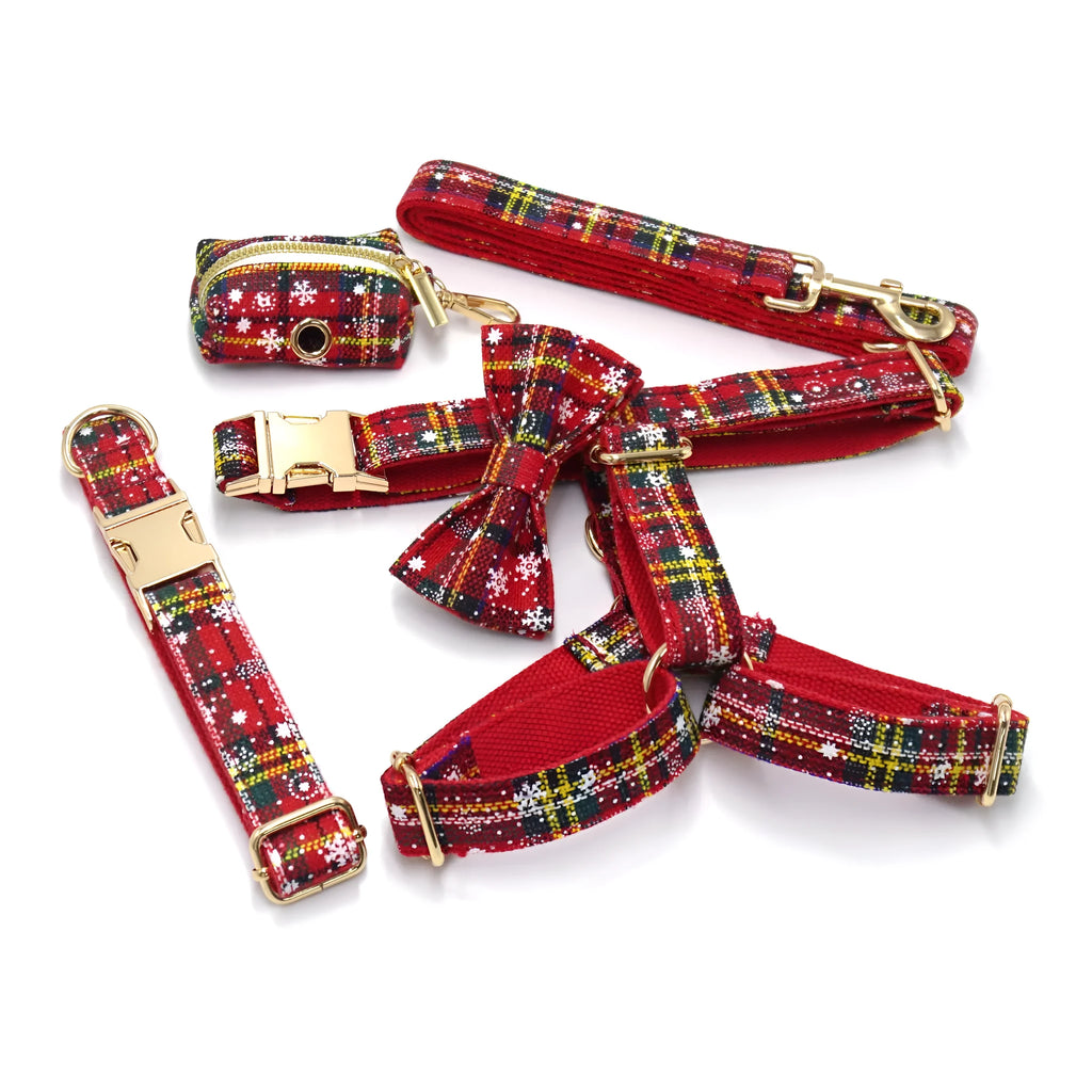 Red Christmas dog accessory set with collar, lead, bow, harness and waste bag in laser cut cloth