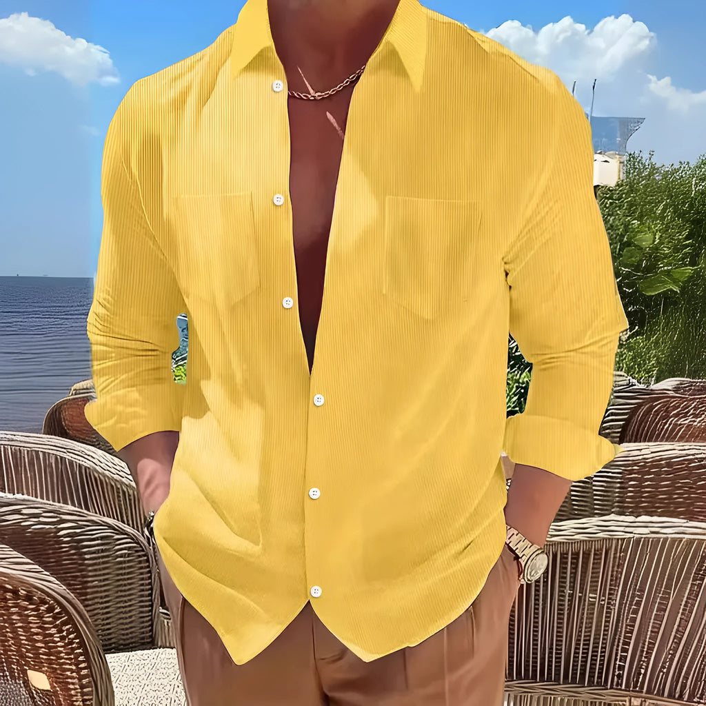 Vertical striped long sleeve corduroy shirt in loose cardigan style, available in seven colours and sizes S to 3XL.