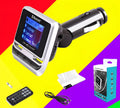 Silver car Bluetooth MP3 player with monochrome screen and ABS plastic body