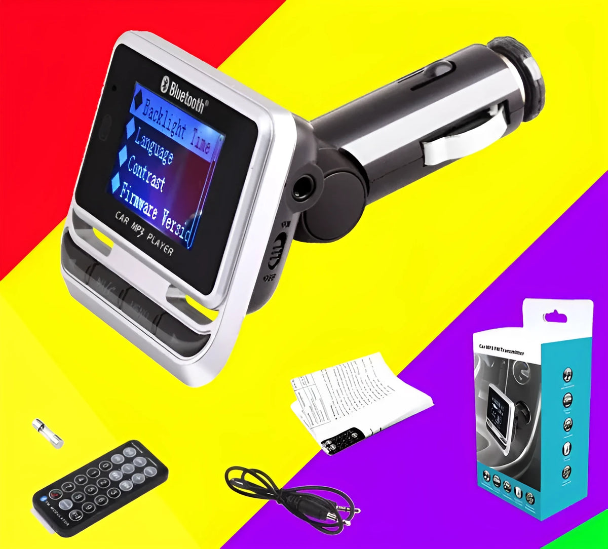 Silver car Bluetooth MP3 player with monochrome screen and ABS plastic body