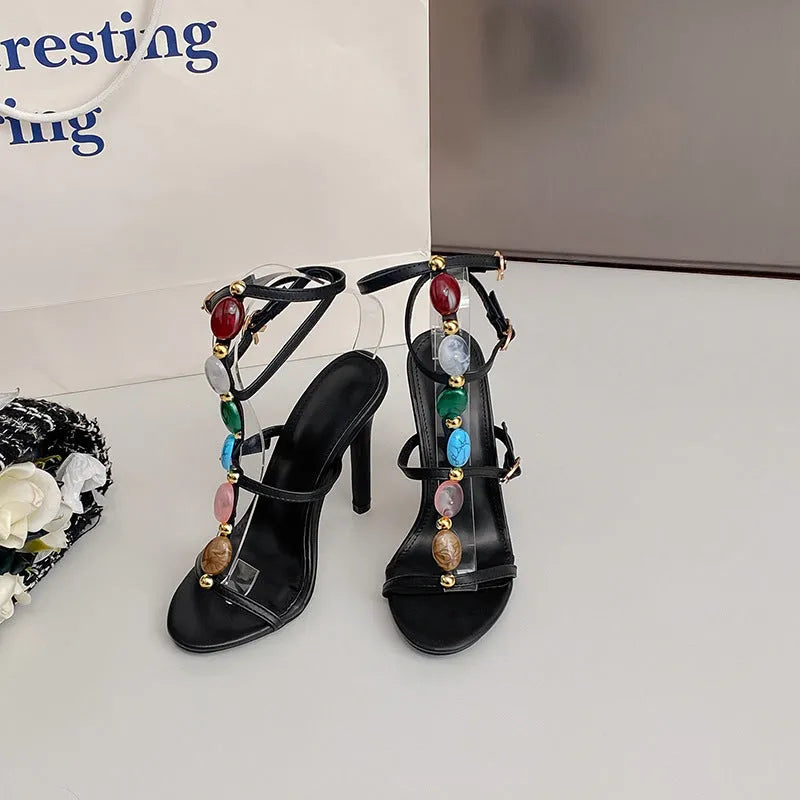 Colourful beads buckle stiletto high heel sandals for women in fish mouth style, multiple colours available