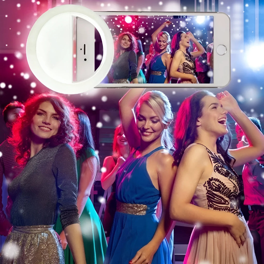 Smartphone clip-on selfie ring light with LED bulbs in black, blue, pink, or white colours
