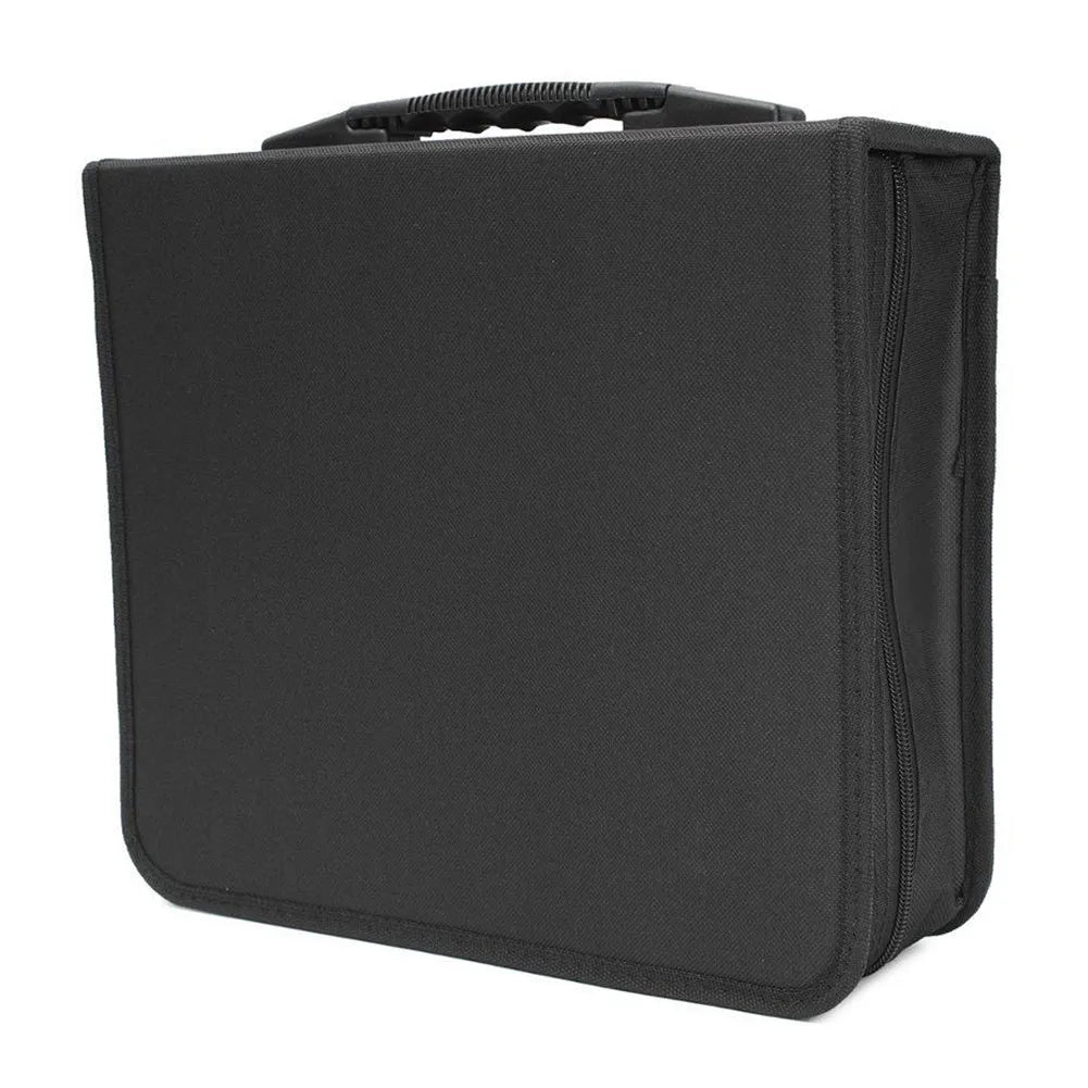 Black oxford fabric CD DVD storage wallet with hand strap and zipper, showing interior disc slots.