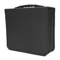 Black oxford fabric CD DVD storage wallet with hand strap and zipper, showing interior disc slots.