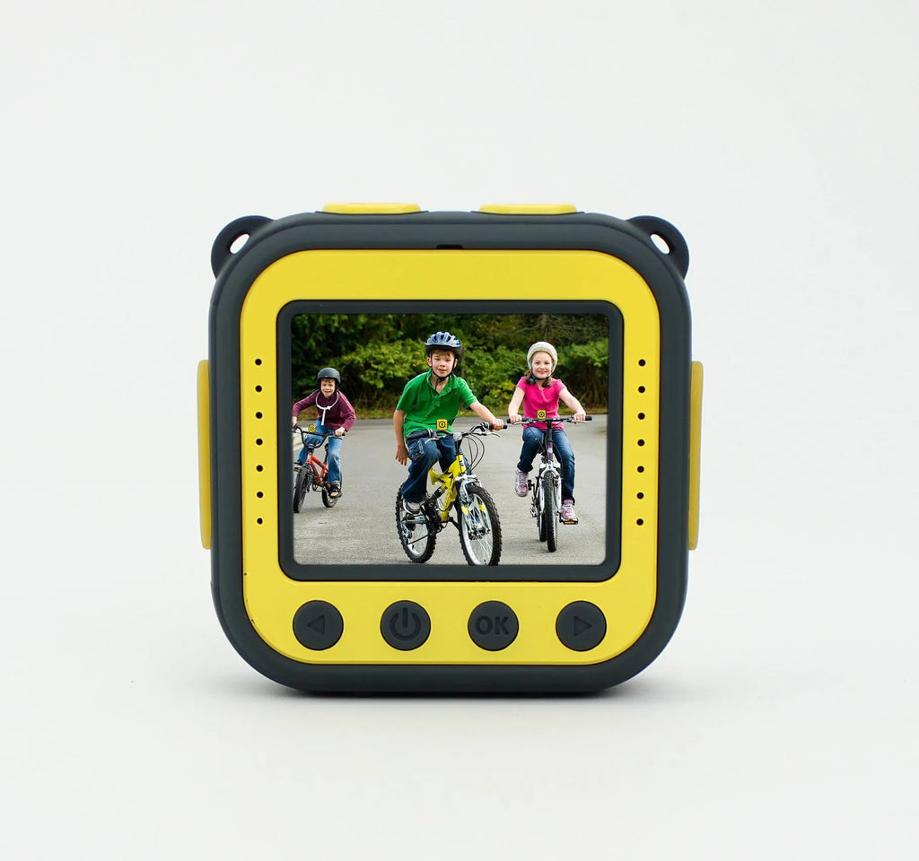 Yellow children's waterproof sports camera with 1.77-inch screen showing 5MP photo resolution and HD video recording