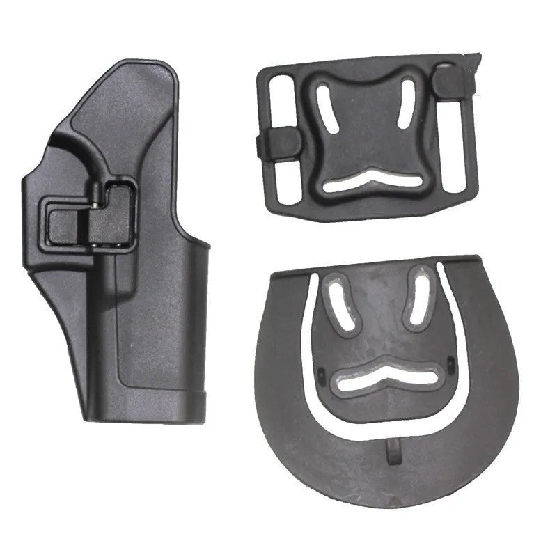Black plastic tactical holster for right-hand belt carry with secure attachment