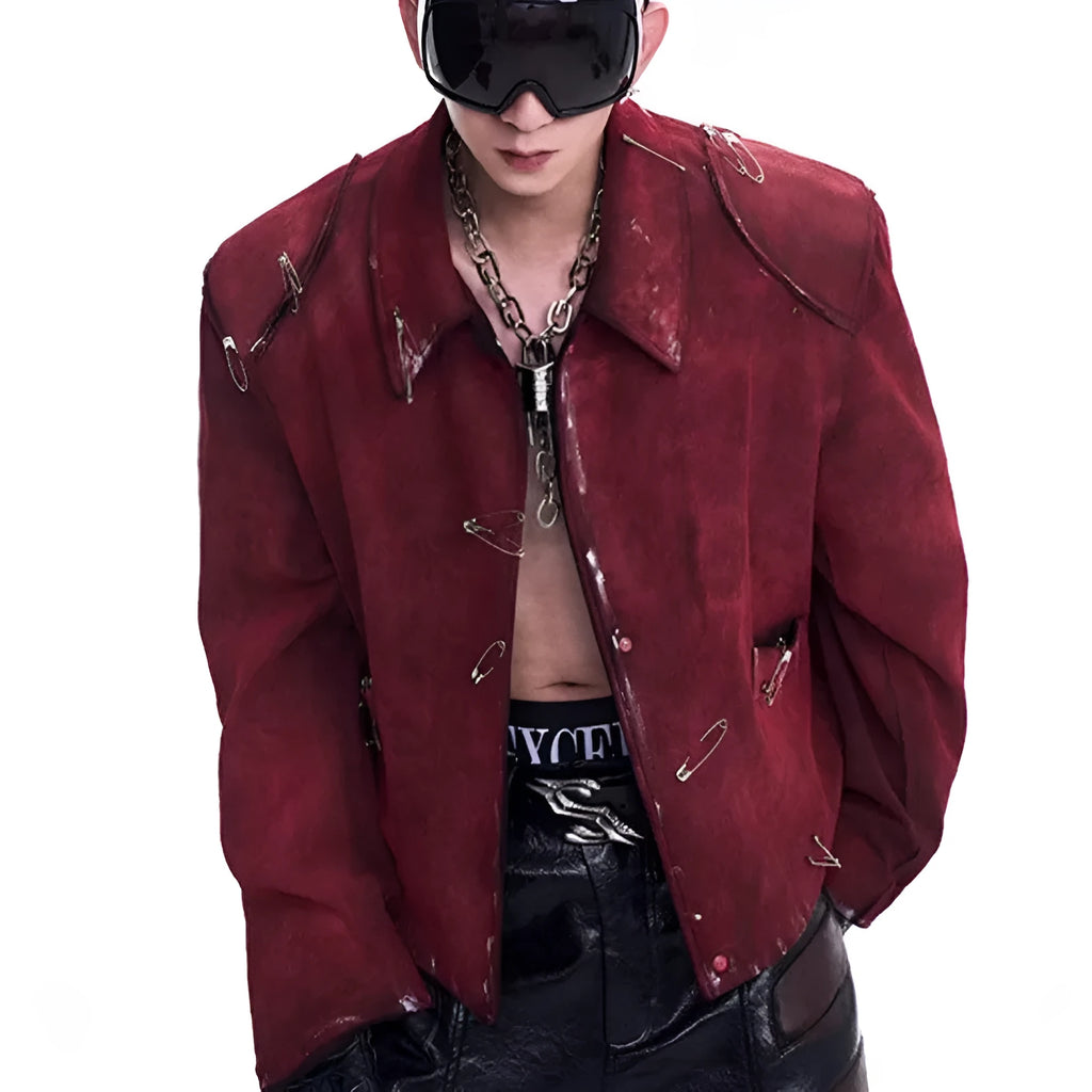 Red men's loose-fit quilted jacket with lapel collar and decorative pin flocking detail.