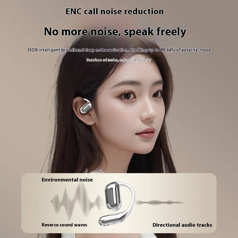 Ear-mounted Bluetooth headset with LCD colour screen and AI translation in silver, side view