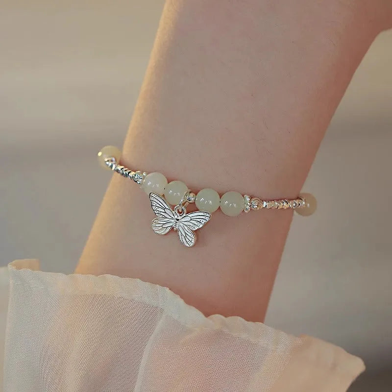 Women's Hetian jale and silver butterfly jewellery set with matching bracelet and necklace