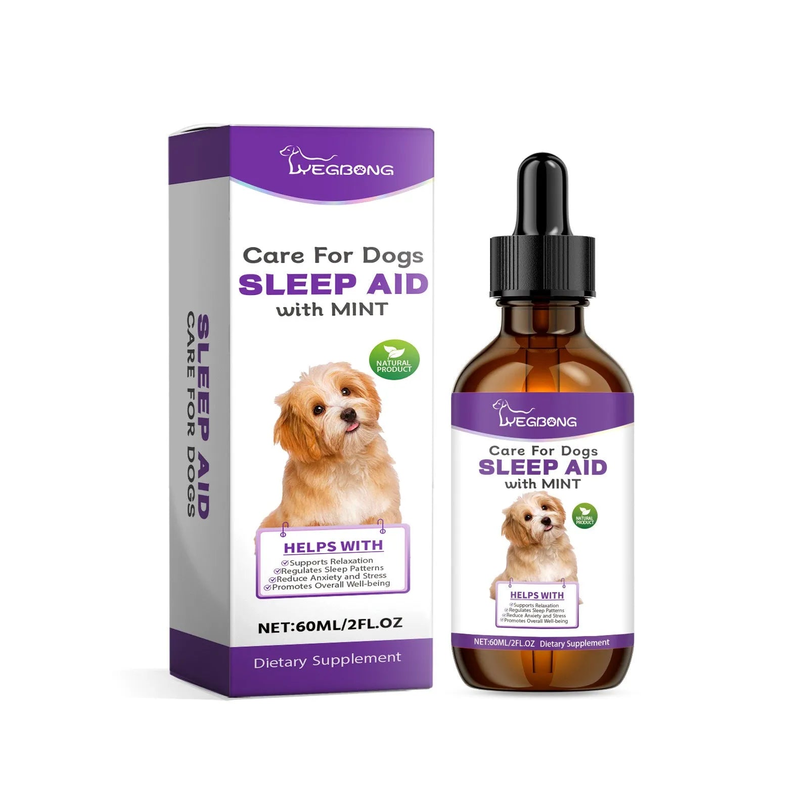 60ml bottle of dog sleep drops with mint extract for canine nighttime relaxation care