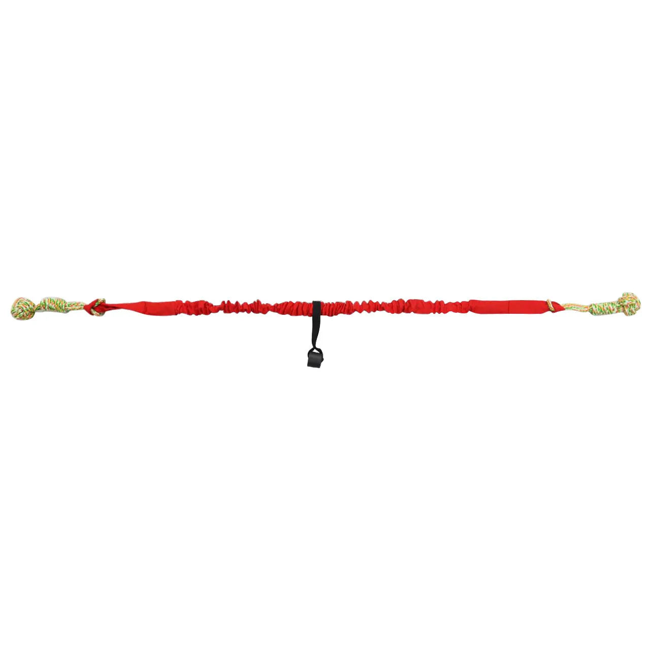 Woven cotton dog tug-of-war rope chew toy in red colour on a white background.