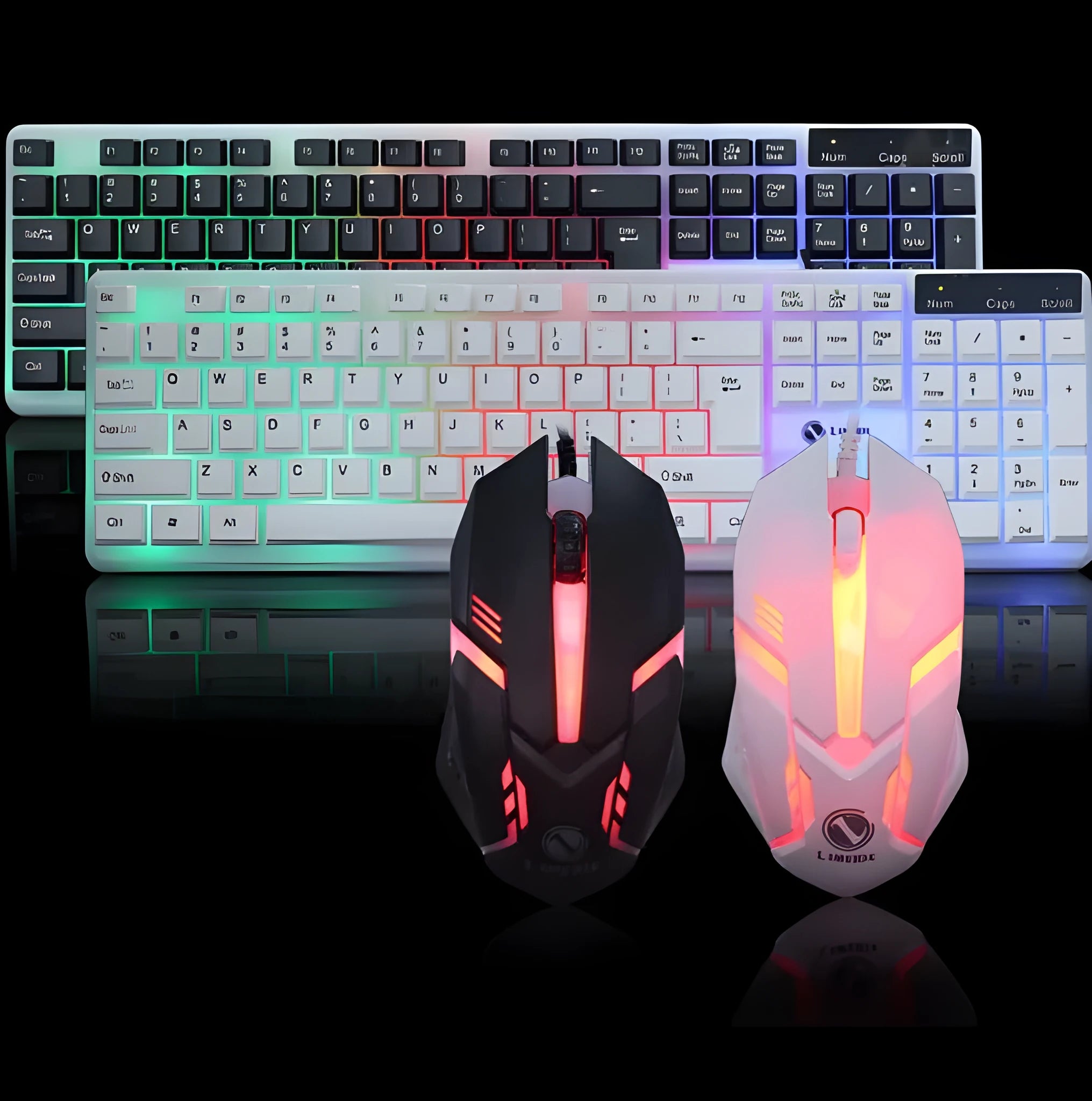 Wired gaming keyboard and mouse set with rainbow backlight and floating keys in black on a desk