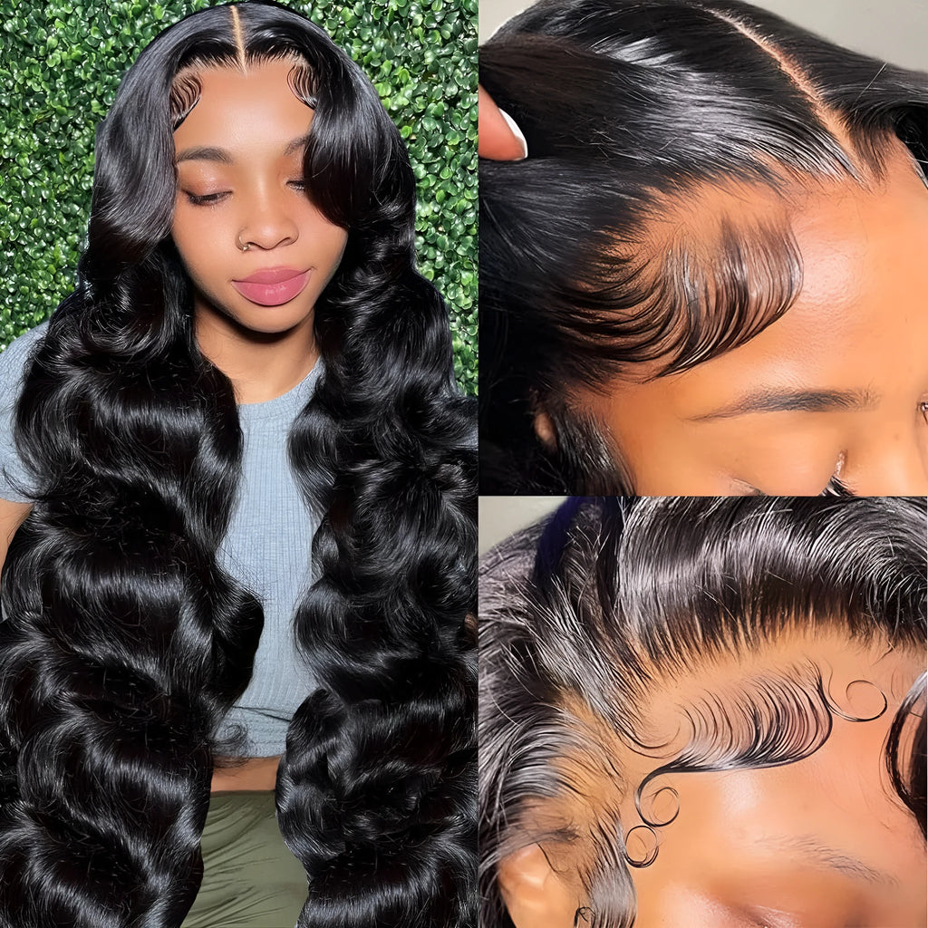 Black medium-long curly synthetic wig with a natural lace front hairline, shown from the side.