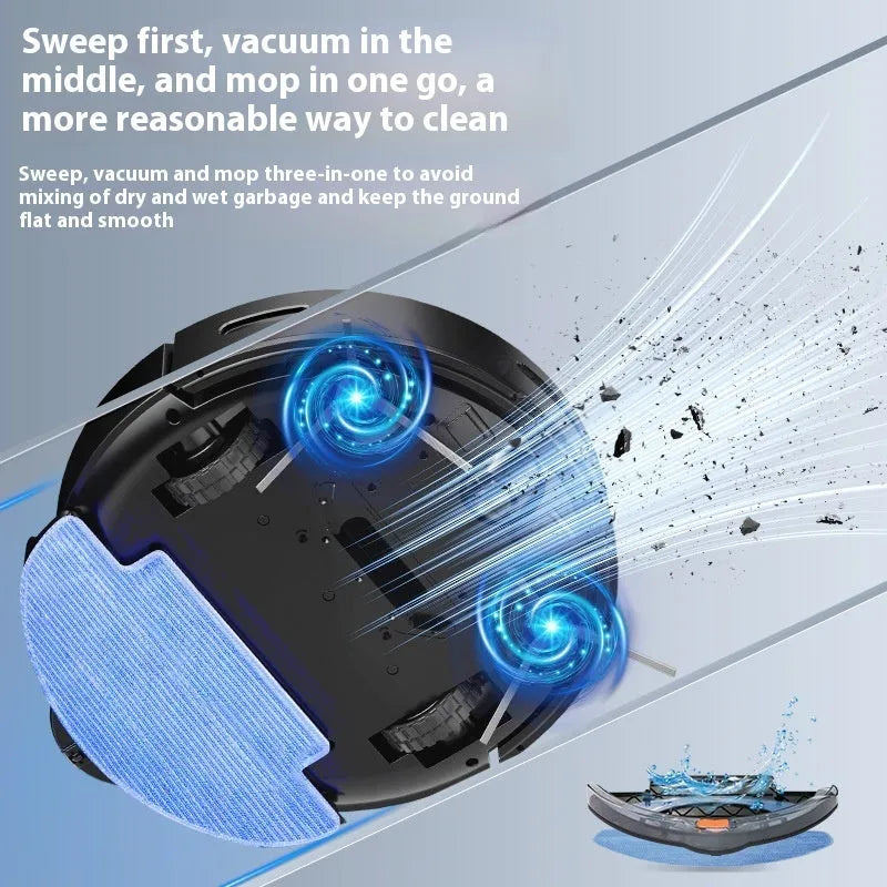 Black or white automatic sweeping robot vacuum cleaner with remote control on hardwood floor.