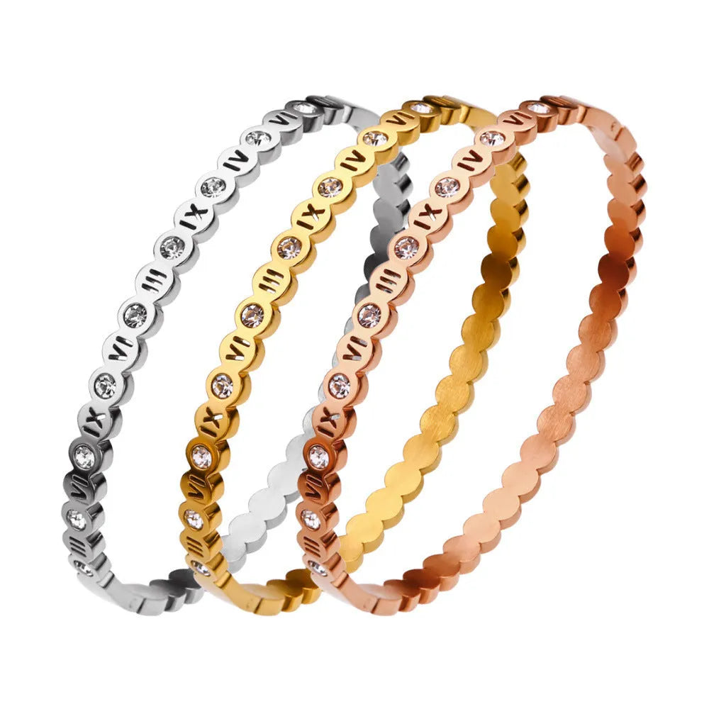 Korean style titanium steel bracelet with numeric elements in gold, rose gold, and steel colour options