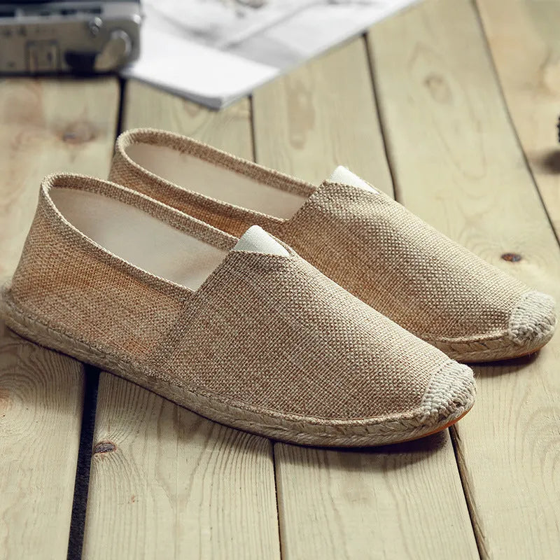 Men's canvas shoes in black, round toe casual slip-on style with breathable fabric