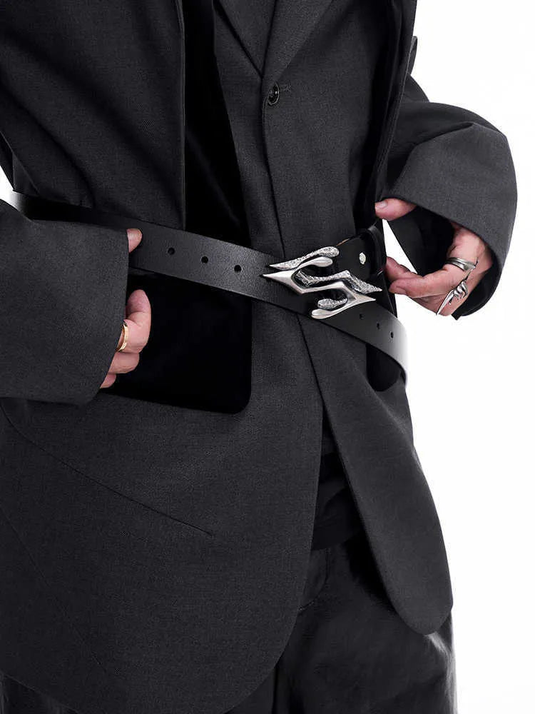 Black men's leather belt with a metal letter buckle, showing the two-layer cowhide construction.