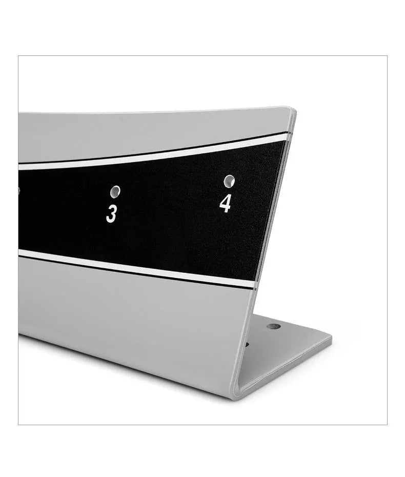 Golf putter with attached adjustable balance simulator showing the extended push rod mechanism on a putting mat.