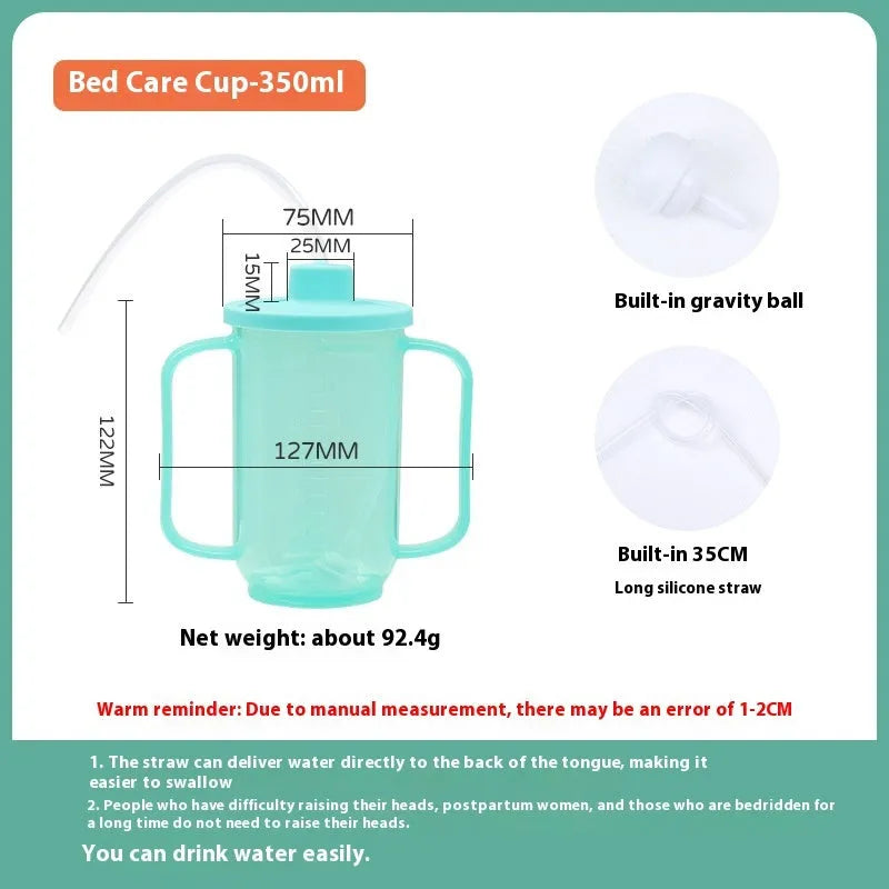 Adult angled spout anti-choke drinking cup with handle and lid, shown with optional wrist splint attachment