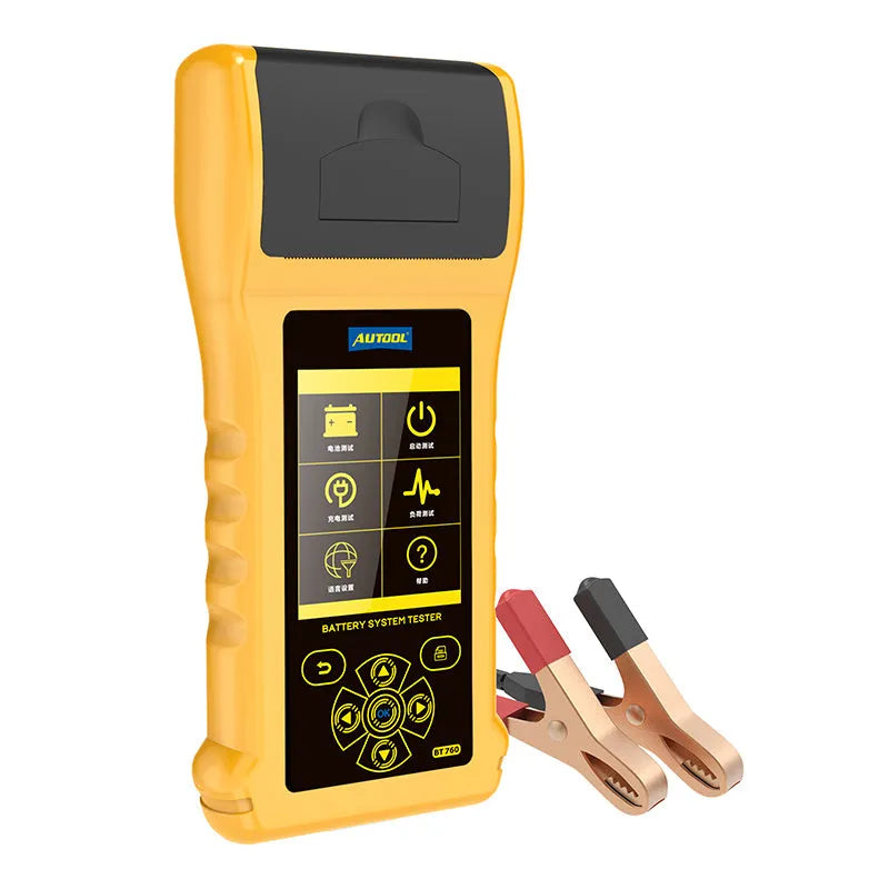 Autool BT760 digital vehicle battery tester with colour screen, test clips, and thermal printer.
