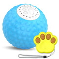 Blue remote control cat ball toy on a carpet next to its handheld remote.