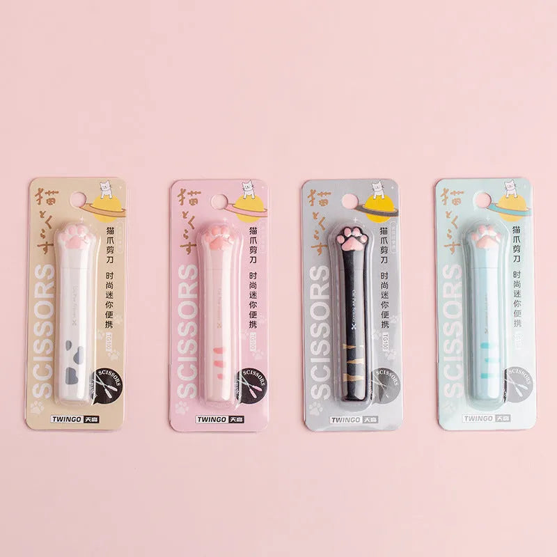 Cat claw folding pen-type scissors, 1.3cm x 8.7cm ABS+ body, shown in Black, Blue, Pink and White
