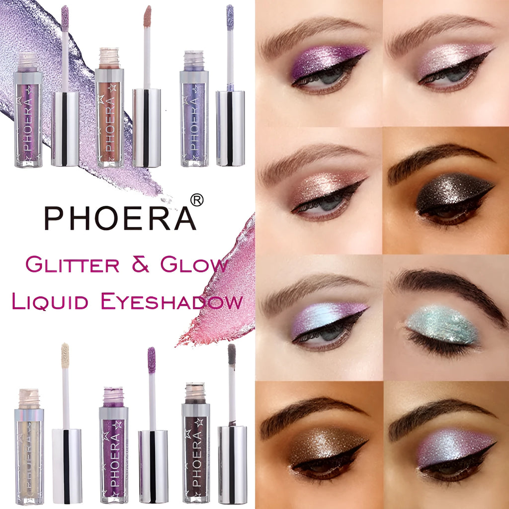 PHOERA Magnificent Metals Glitter and Glow Liquid Eyeshadow 21g bottle with holographic 3D metallic finish