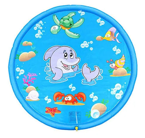 Blue children's water spray mat with marine animals laid on grass, connected to a garden hose.