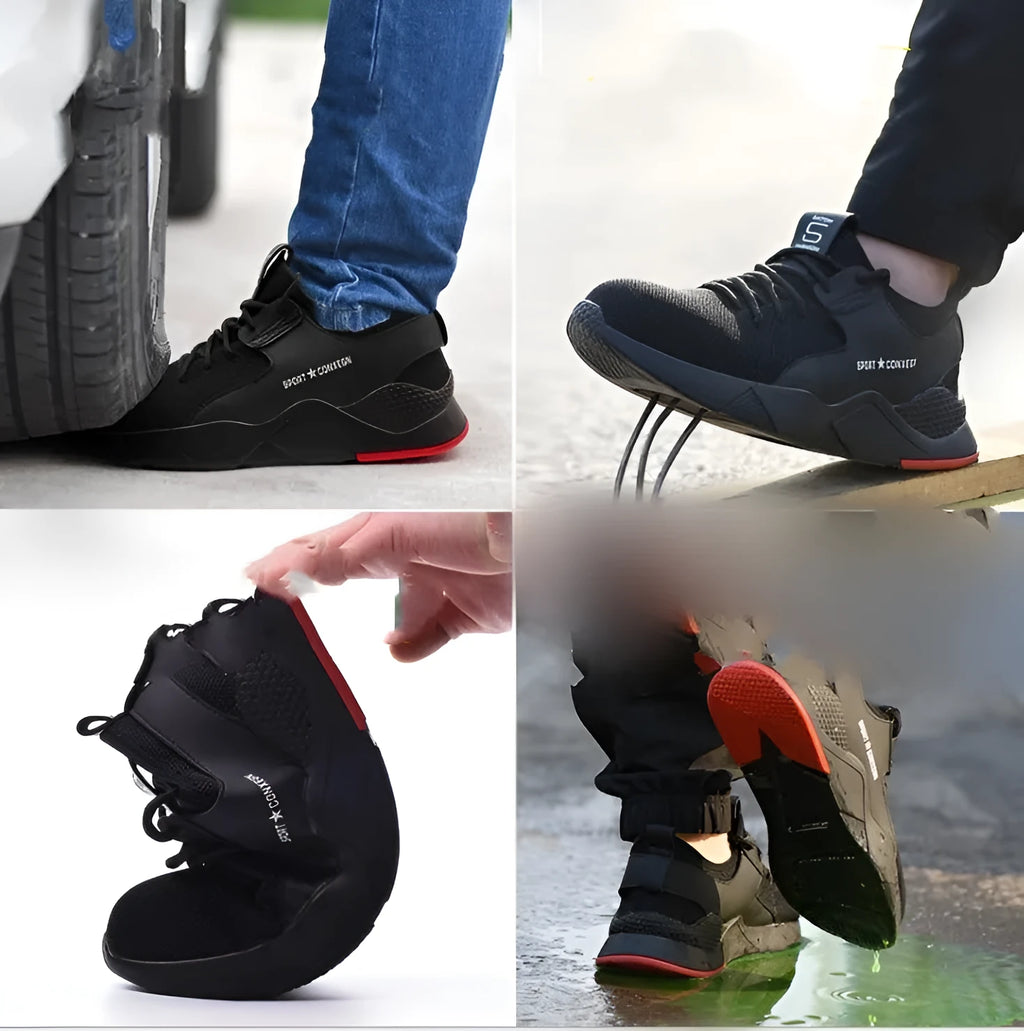 Steel toe work safety shoes with puncture proof mid-sole, mesh upper and rubber outsole in Black or Black red