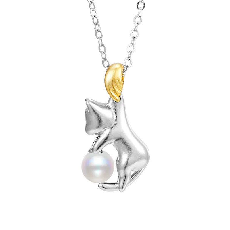 925 sterling silver clavicle necklace with electroplated cat charm in four configuration variations