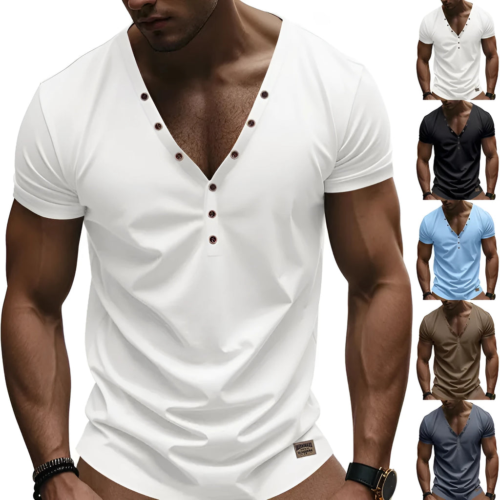 Men's loose fit v-neck pullover with button design in chemical fibre blend fabric