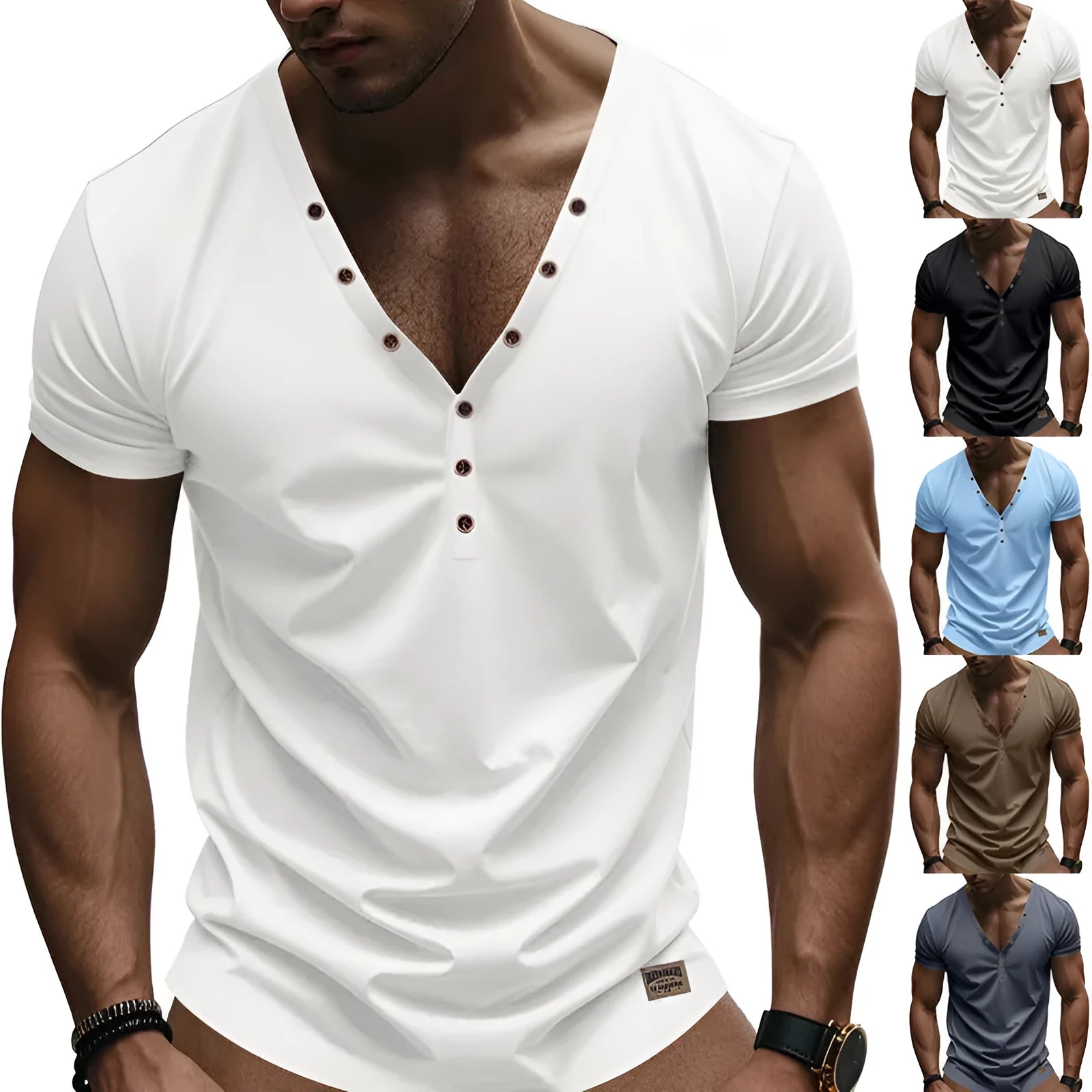 Men's loose fit v-neck pullover with button design in chemical fibre blend fabric
