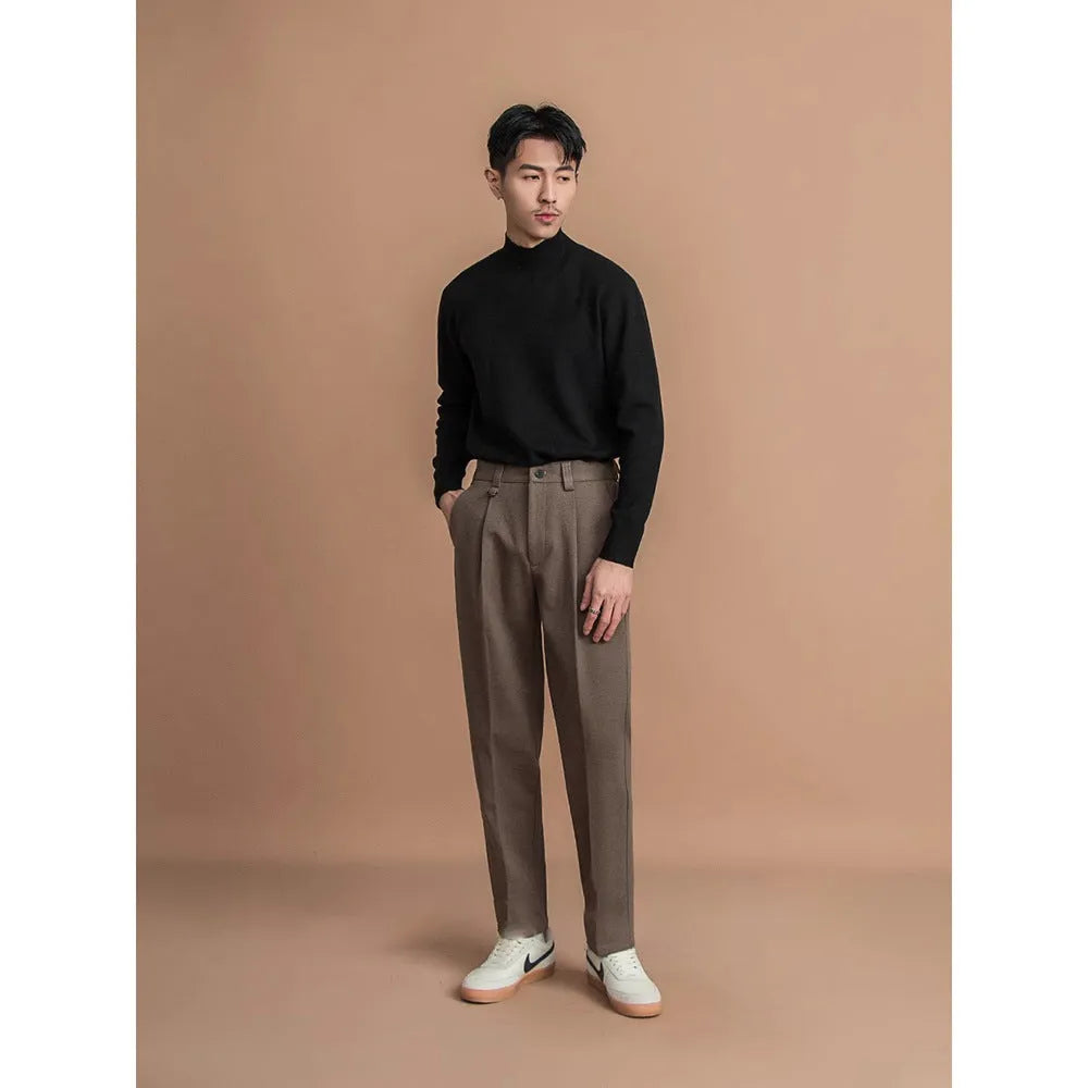 Men's straight leg trousers in black, dark grey, khaki, and brown colours