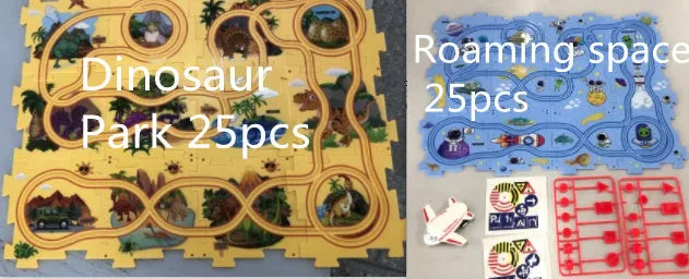 Children puzzle electric railroad speeder with DIY assembly track and automatic car, dinosaur theme