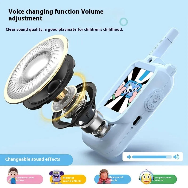 Two mini video wireless walkie talkies for kids in pink and blue with 2.0-inch IPS display and Type-C charging