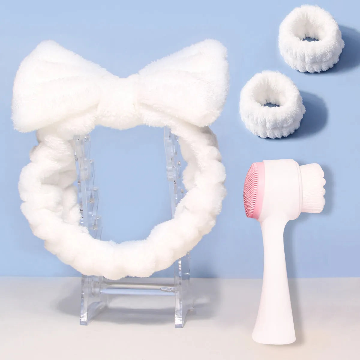 Facial brush set with coral fleece headband and nylon bristles in purple, grey, white or pink