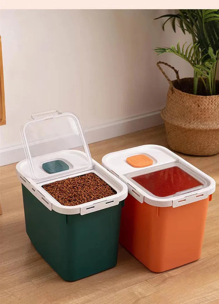 12L PP pet food storage barrel, moisture-proof sealed, 33x23x25cm, in green, orange, or white