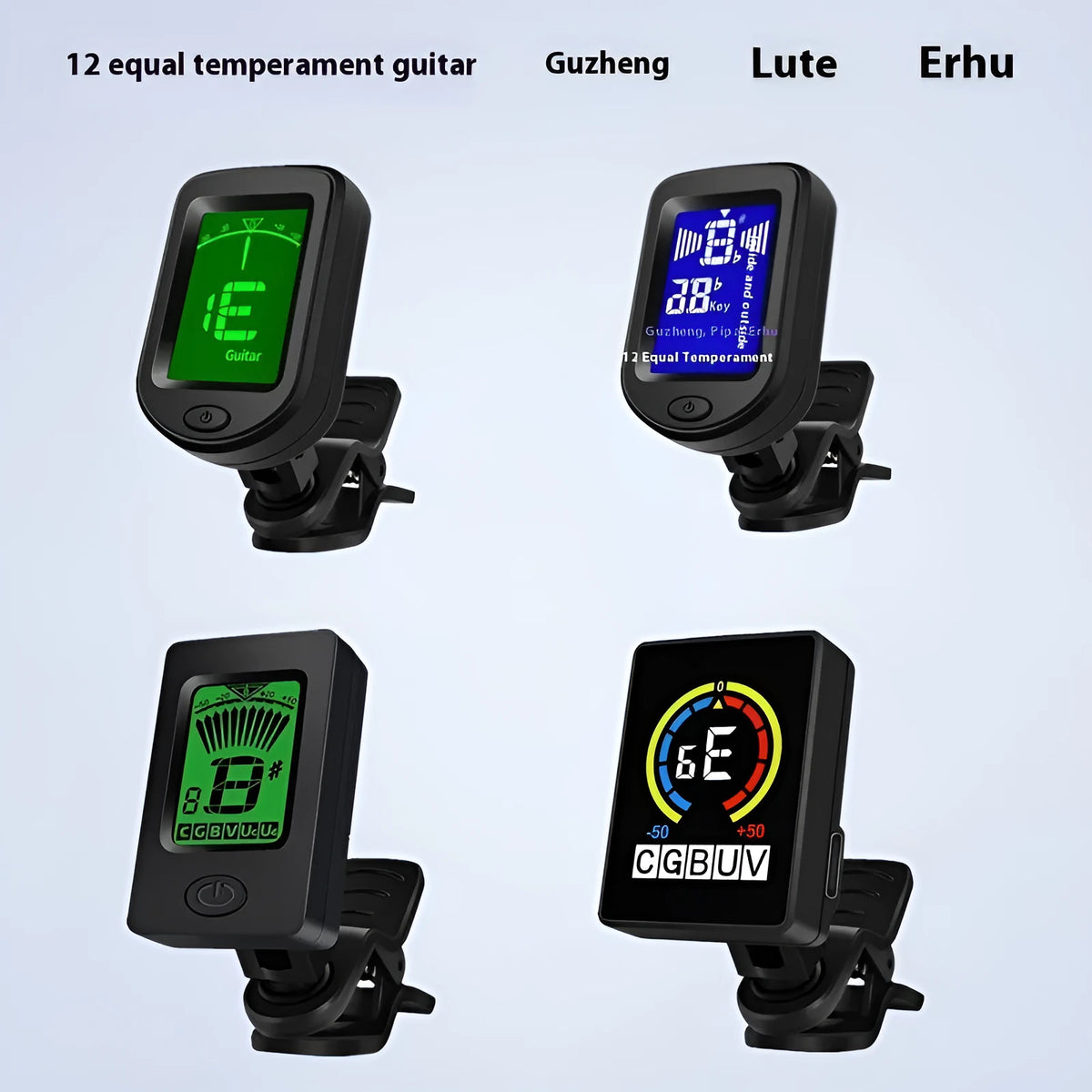 Electronic tuner for ukulele guitar bass violin with CR2032 battery, 45x30x45mm