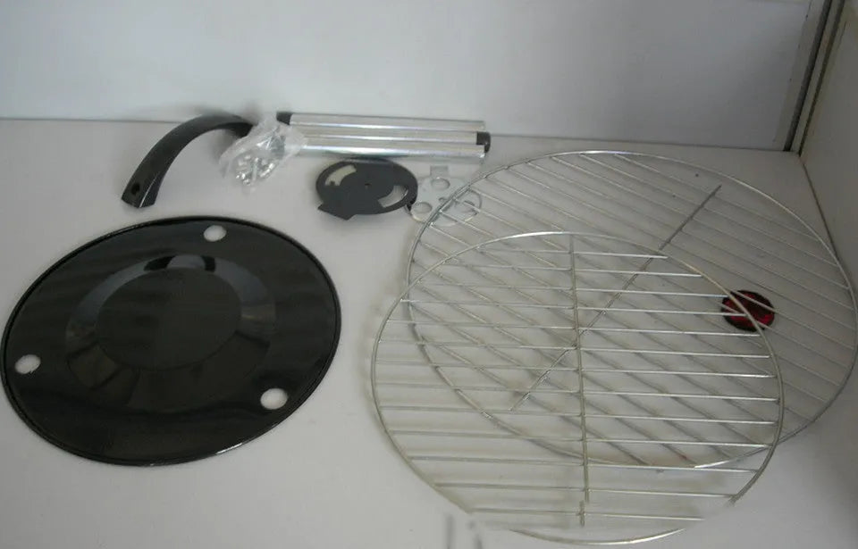 Spherical barbecue stove in black and red with 34.2cm iron grill net and portable chassis