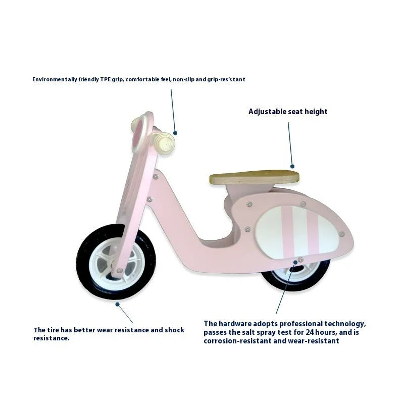 Pink wooden toddler balance scooter with a 10-inch deck for children aged 1-6.