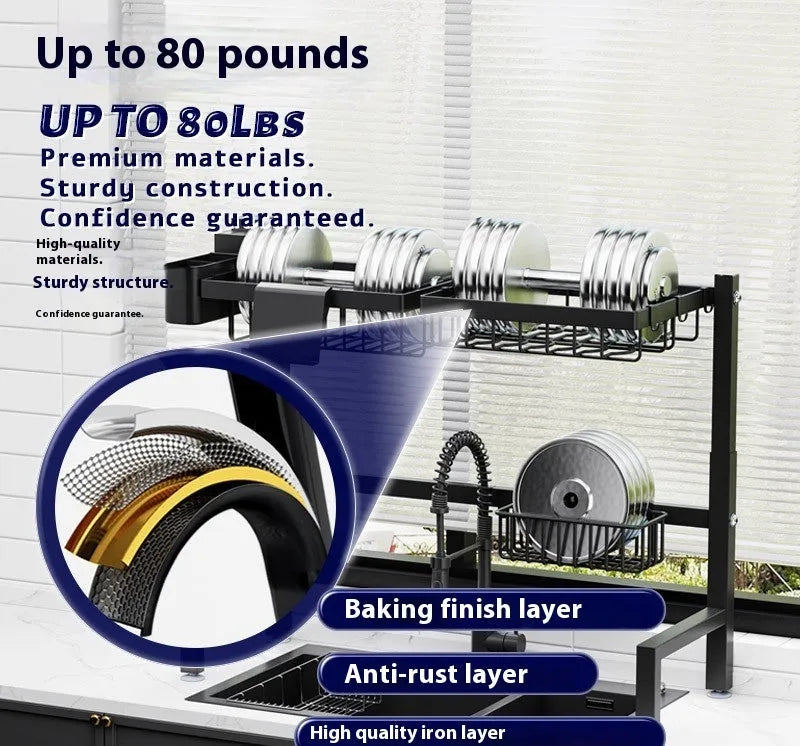 Black retractable metal kitchen draining rack with water pot holder on countertop